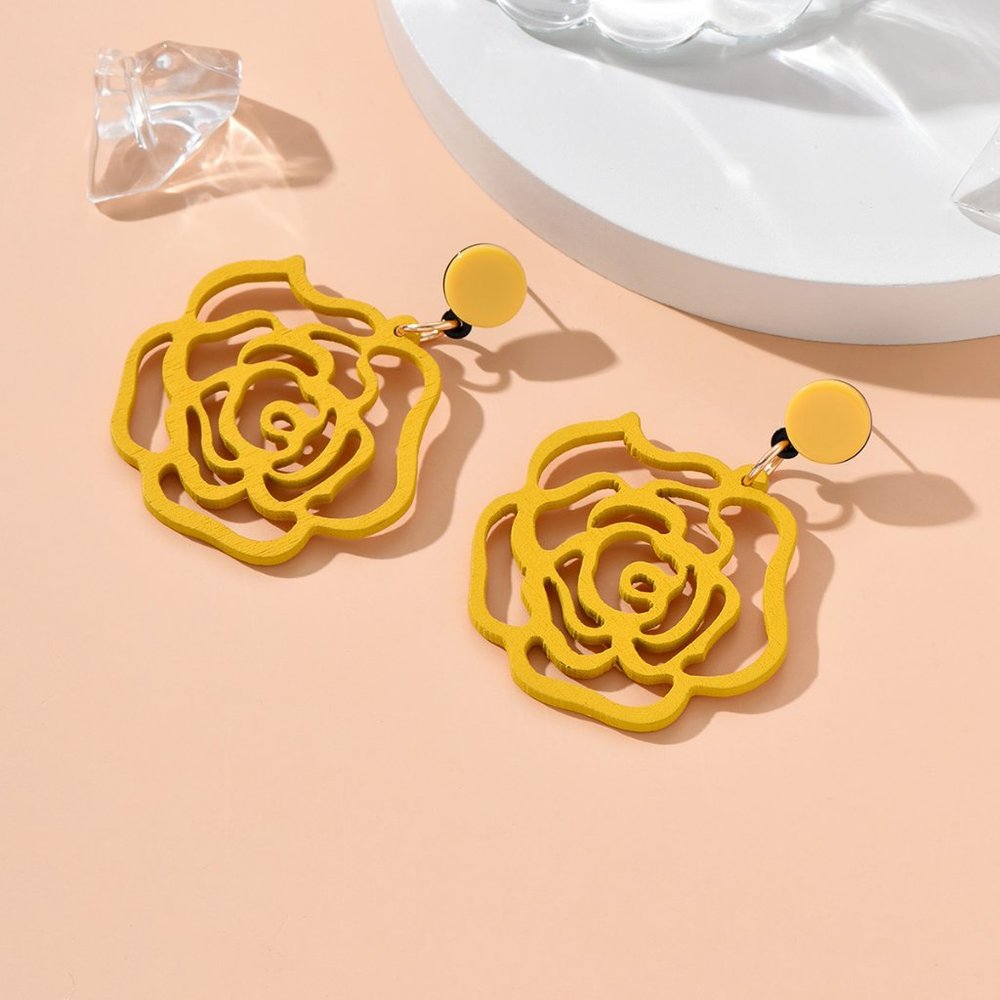 Boho Scalloped Yellow Floral Cutout Wooden Post Pierced Earrings